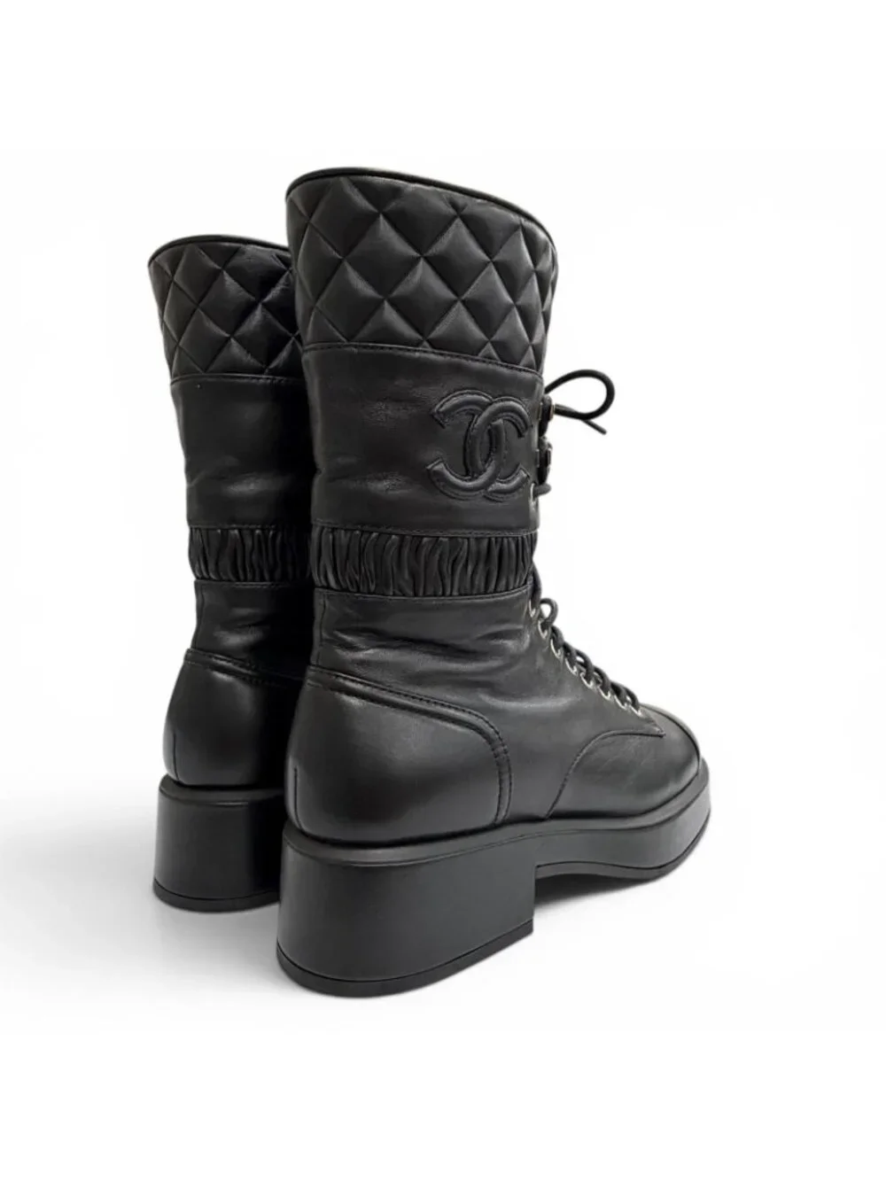 Chanel CC Logo Quilted Lace Up Leather Short Boots Black